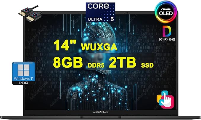 ASUS Zenbook 14 OLED AI PC Laptop | 14" WUXGA OLED Touch 550nits 100% DCI-P3 | Intel 14-core Ultra 5 125H | 8GB DDR5 2TB SSD Backlit Thunderbolt Harman/kardon Win11Pro w/DLCA Accessory