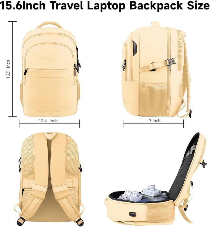Lapsouno 15.6 Inch Laptop Backpack for Women, Large Travel Carry on Backpack, Water Resistant TSA Friendly with USB Port, College School Bag Gifts for Women, Light Yellow