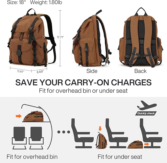 mixi Travel Backpack for Women Men, 18 Inch Carry On Laptop Backpack Flight Approved fits 16'' Laptop, Lightweight Waterproof Hiking Backpack Travel Outdoor Business Casual Daypack, Brown