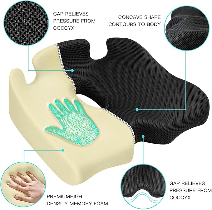 Benazcap X Large Memory Seat Cushion for Office Chair Pressure Relief Sciatica & Tailbone Pain Relief Memory Foam Firm Coccyx Pad for Long Sitting, for Office Chair, Gaming Chair and Car Seat Upgrade