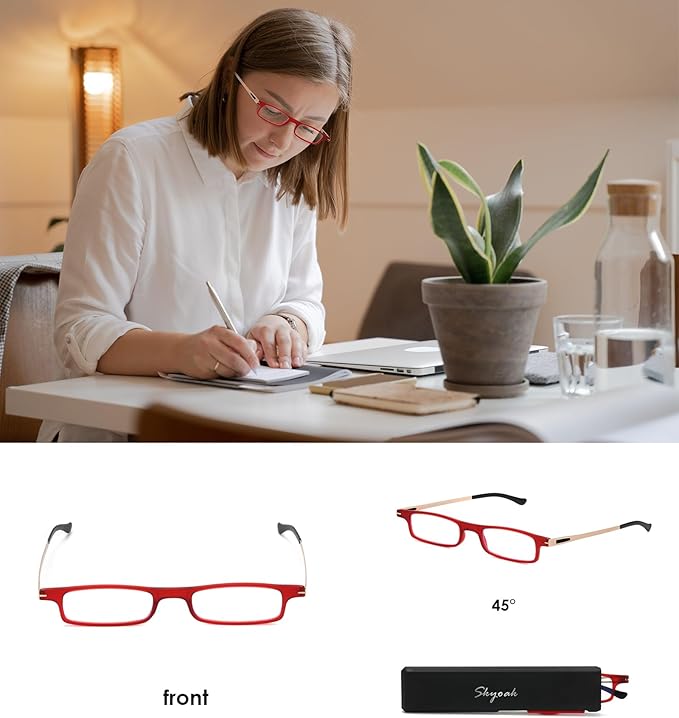 SKYOAK Ultra thin Lightweight Folding Reading Glasses Women Men TR90 Blue Light Blocking Anti UV/Eyestrain Foldable Compact Computer Readers Portable Unique Stretchable Slim Flat Case Red +1.25