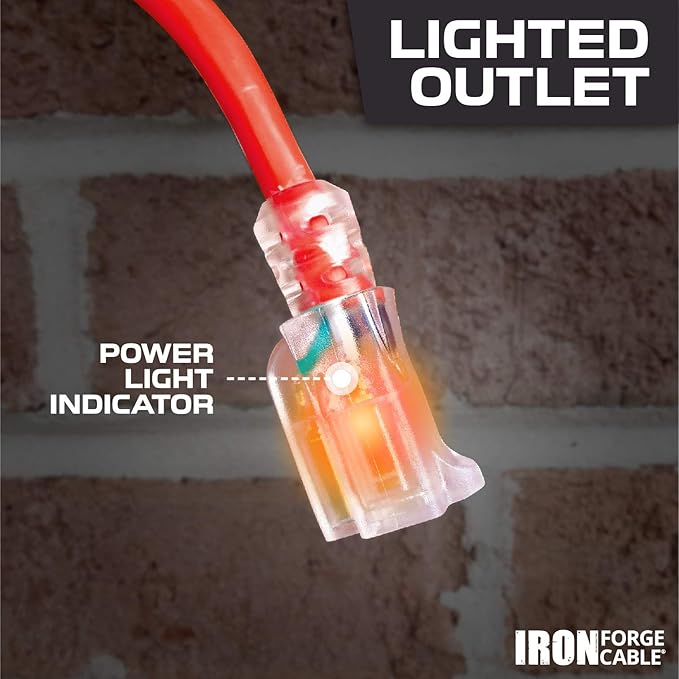 Iron Forge Cable 25 ft Lighted Outdoor Extension Cord - 12/3 SJTW Heavy Duty Red Extension Cable with 3 Prong 15 AMP Grounded Plug for Safety