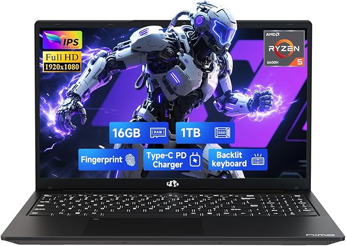 NIMO 15.6" IPS FHD-Gaming-Laptop, AMD Ryzen 5 6600H 6 Cores 16GB DDR5 RAM 1TB SSD (Beat i7-1165G7, Up to 4.5GHz) Radeon 660M GPU-Computer with 100W Type-C Backlit Keyboard Fingerprint Win 11