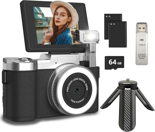 4K Digital Camera for Photography, 48MP Vlogging Camera for YouTube 2.8" 180° Flip Screen 18X Digital Zoom Compact Travel Cameras with 64GB SD Card & Card Reader,Mini Tripod,2 Batteries