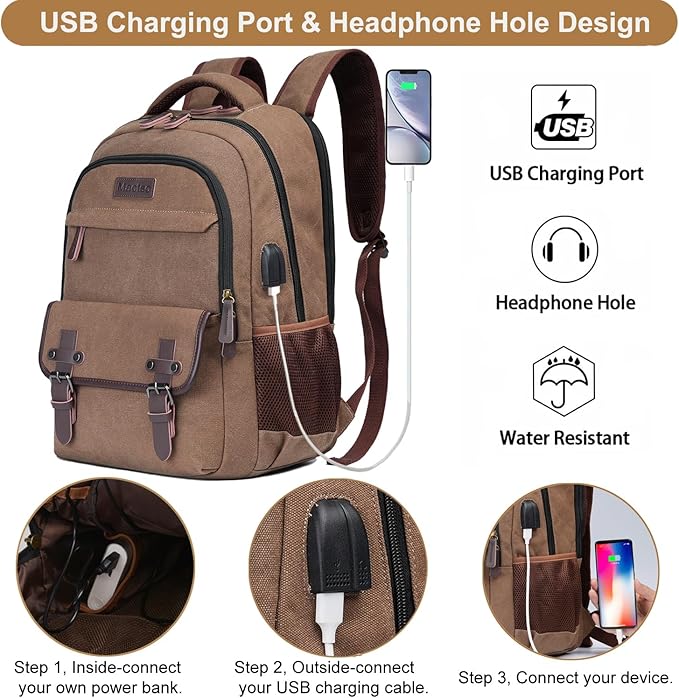 Mactso Canvas Travel Laptop Backpack for Men Women, Business Work Rucksack College School Computer Bag Fits 15.6 Inch Notebook,Bookbag with USB Charging Port (Coffee, 15.6 Inch)