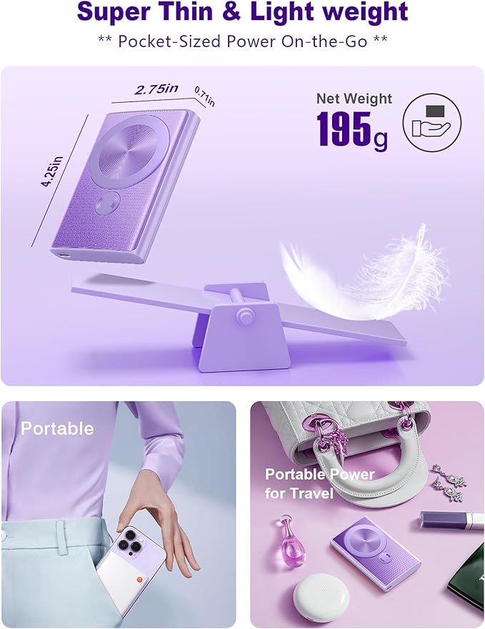 Kesguar Magnetic Portable Charger, 10000mAh 22.5W PD Super Fast Charging Wireless Power Bank. Ultra-Strong Magnet, USB C in&Out Battery Pack for Magsafe, iPhone 17/16/15/13/12 Pro Series, Purple