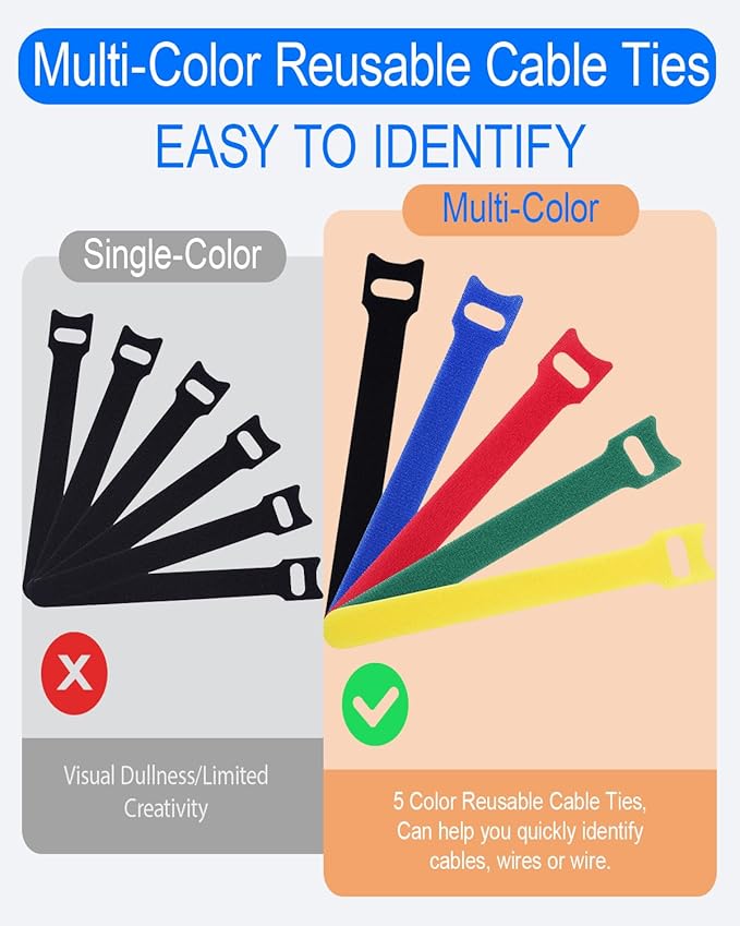 120PCS Cable Ties Reusable - 6 Inches Multi-Colour Adjustable Cord Straps Cord Organizer, Multi-Purpose Reusable Hook and Loop Cable Organizer for Home, Office, Travel, Garage, and Gardening