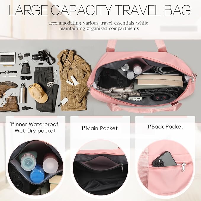 VOOWO Duffel Bag with Wheels - Rolling Foldable Expandable Duffle bags for Travel, Rolling Under Seat Luggage Carry On Travel Bag, Large Wheeled Overnight Weekender Bag (Pink)