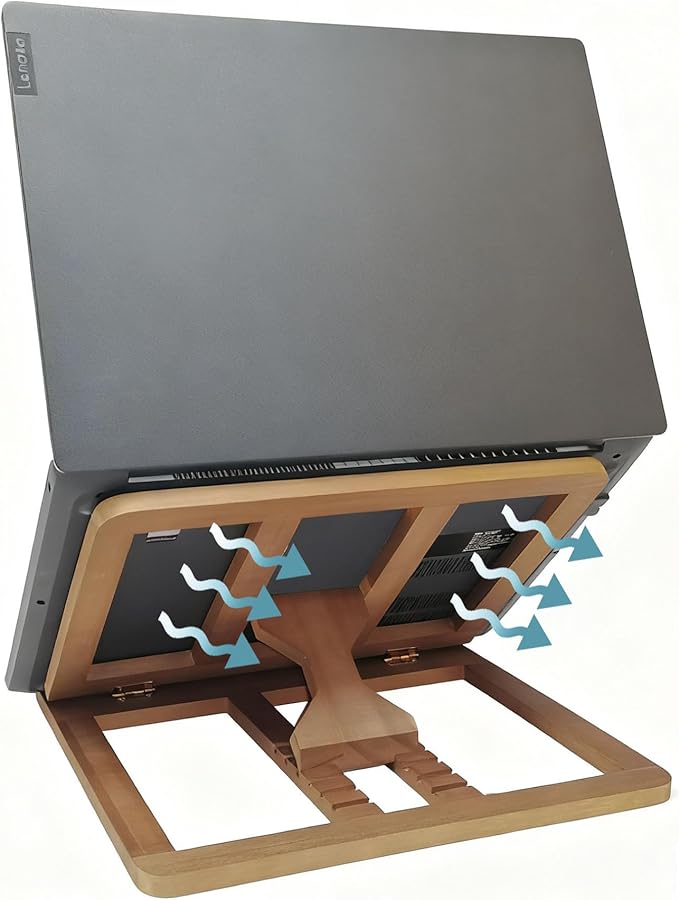 Wooden Laptop Stand for Desk & Wood - Style Laptop Stand, Foldable and Adjustable Ergonomic Notebook, Book, Phone & Tablet Stand, 6 - Gear Angle Adjustment, Cooling for 10-15.6 Inch