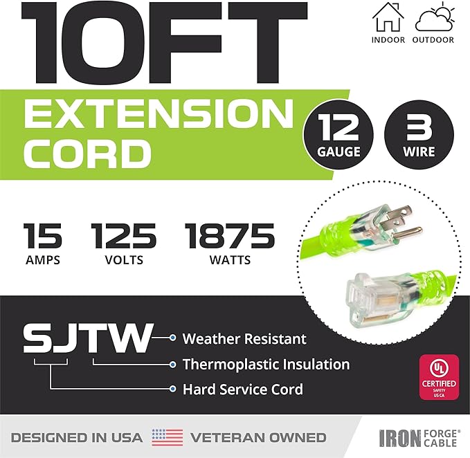 Iron Forge Cable Weatherproof 10 Ft Outdoor Extension Cord - 12/3 SJTW 15 Amp Heavy Duty Light Green High Visibility Cable with 3 Prong - Lighted End