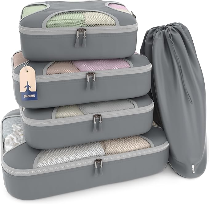 Shacke Premium 5 Packing Cubes Set - Lightweight Mesh Travel Luggage Organizers with Laundry Bag, 5-Piece Suitcase Storage System (Charcoal Gray)