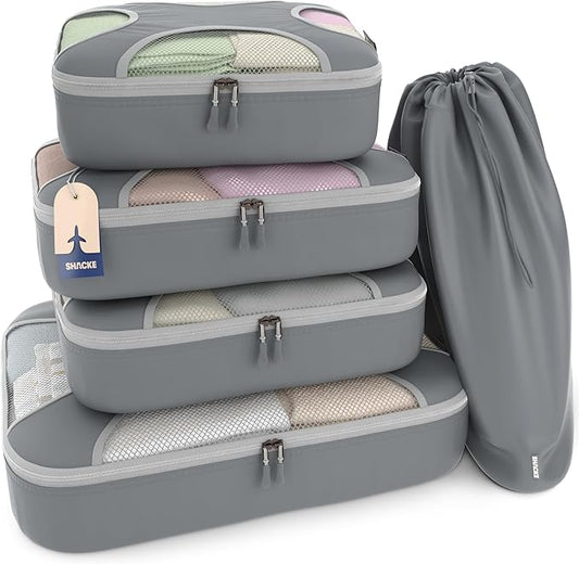 Shacke Premium 5 Packing Cubes Set - Lightweight Mesh Travel Luggage Organizers with Laundry Bag, 5-Piece Suitcase Storage System (Charcoal Gray)