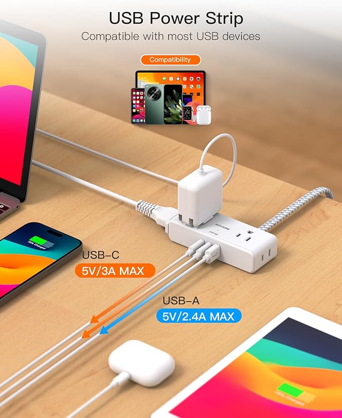 Extension Cord 15 ft, BESHON Flat Plug Power Strip, Long Power Strip, 4 Widely Outlets with 3 USB Ports (2 USB C), Extension Cord with Multiple Outlets for Home, Office, Dorm Room Essentials