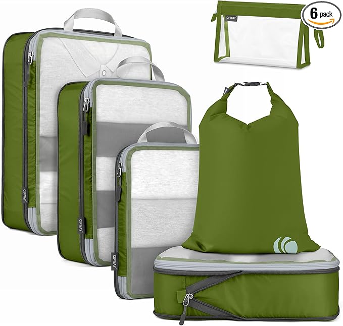 Cipway Compression Packing Cubes, See Through Mesh Luggage Organizer Bags, Travel Essentials for Carry on Suitcase with Laundry Bag and Clear Toiletries Bag（6 Pcs,Green）