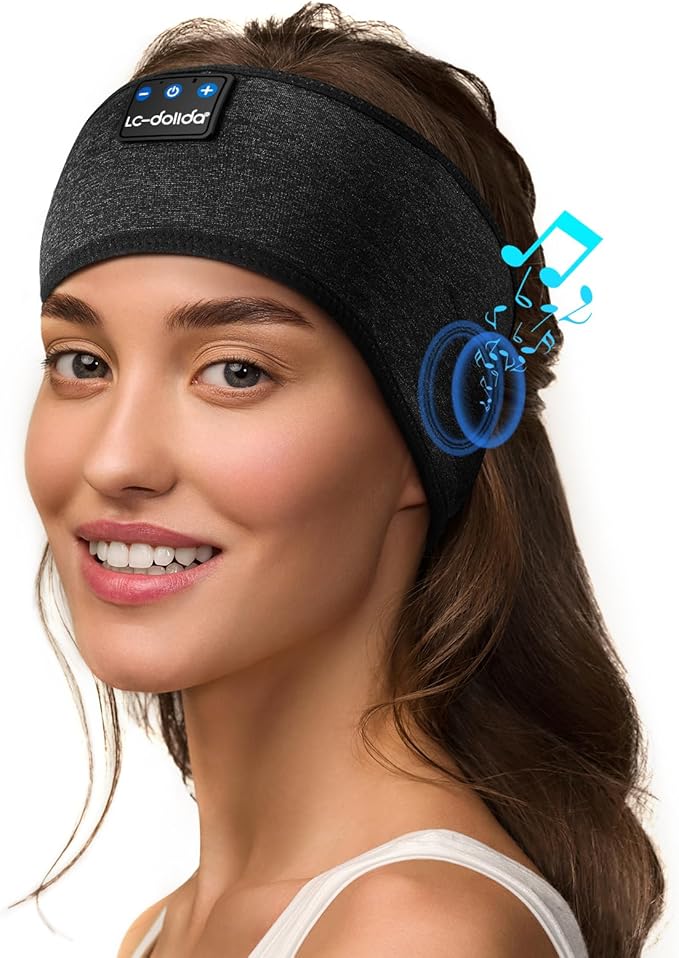 LC-dolida Sleep Headphones Bluetooth Headband, Sweat Resistant Sports Wireless Earphones, Ultra-Thin HD Stereo Black Headband Speaker Sleeping Eye Mask for Women Men Teen Running Cool Gadgets