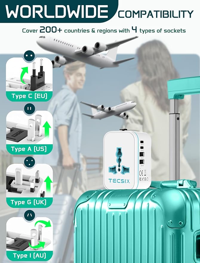 Universal Travel Adapter Worldwide, TECSIX European Travel Plug Adapter with 2 USB C, 2 USB A and Multi AC Outlets, International Power Adaptor for EU US UK AUS 200+ Countries Type A C G I