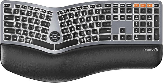 Backlit Bluetooth Ergonomic Keyboard, ProtoArc EK01 Plus Full Size Wireless Split Keyboard with Dual Bluetooth and USB, Cushioned Wrist Rest, Rechargeable for Windows/Mac/Android, Grey Black