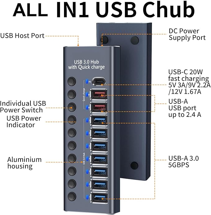 MaxLax Aluminum USB 3.0 hub with Charging Function, Power Adapter,Individual Power swiches (Silver Gray-10 Ports)