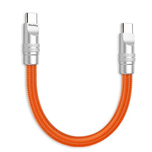 chubbycable Cute Chubby 240W Short USB C Cable Power Bank Fast Charging Cable Nylon Braided Charger Cord Compatible with iPhone 17-15 Series iPad, Orange, Type-C to Type-C, 0.82FT