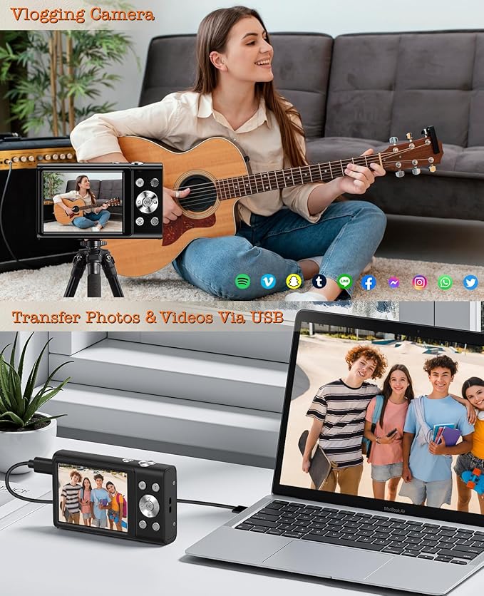 Digital Camera, 4K Vlogging Camera for YouTube Autofocus Cameras for Photography with 16X Digital Zoom, 48MP Compact Point and Shoot Digital Camera for Teens Adult with 32GB SD Card, 2 Batteries-Black