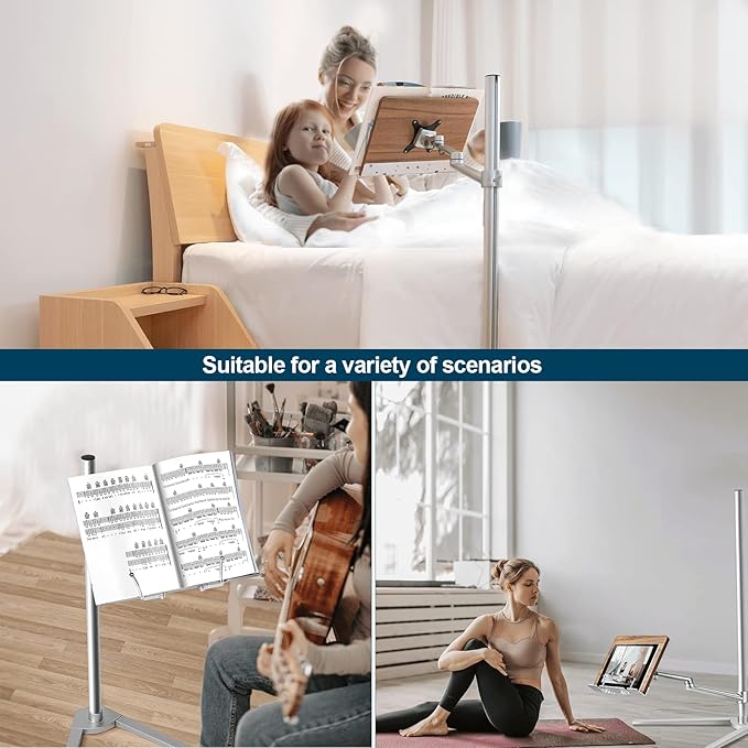 Shikha Book Stand for Reading, Hands-Free Holder for Laptop Phone Tablet with Wooden Pad, Rotated and Liftted Metal Support, 2 Spring Clips.