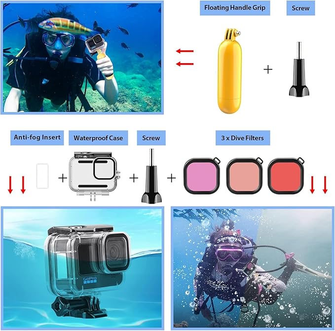 HONGDAK Action Camera Accessories Kit for GoPro Hero 13 12 11 10 9 Black, Waterproof Housing+Silicone Case+ Adjustable Arm+Head Chest Wrist Strap+Bike Mount+Suction Cup+Floating Grip Bundle Set 63in1