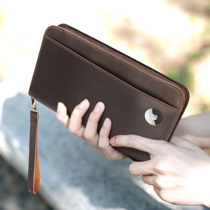 Polare Full Grain Leather Family Passport Holder Travel Documents Organizer RFID Blocking Wallet with Coin Pouch and AirTag Slot Fits 6 Passports