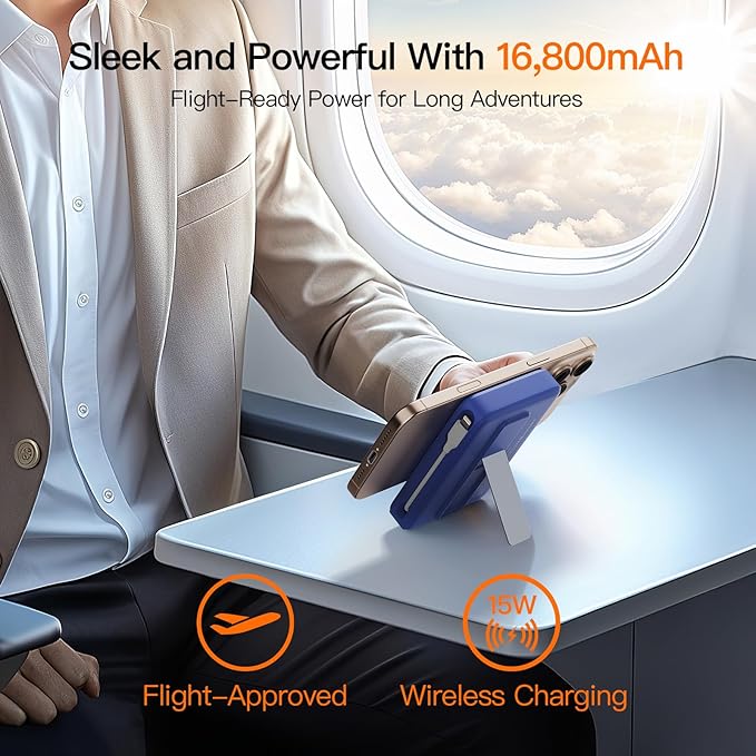 2025 Magnetic Battery Pack 16800mAh Mobile Power Bank, Portable Charger with Foldable Stand and Built-in Cable, 20W USB-C Fast Charging, Suitable for iPhone 17/16/15/14/13/12 Series