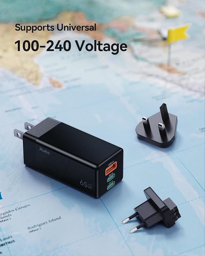 Ruko 65W USB C Charger, 3 Port International Travel Charger Kit, GaN Fast Charging Block with Portable Bag, UK EU Plug for iPhone 17/16, Galaxy S24, MacBook, iPad, Drones and More