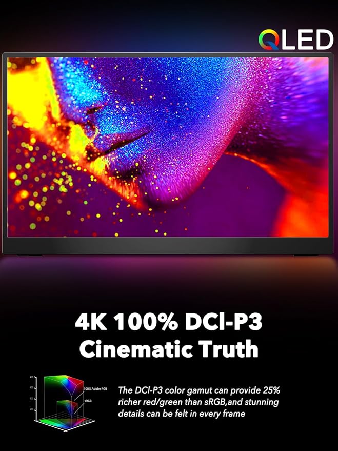 UPERFECT 17.3'' 4K Portable Monitor QLED, 500 Nits 100% DCI-P3 UHD FreeSync HDR 2 Speakers Eye Care Travel Monitor, 2 Fully Functional Type-C Port & HDMI for Laptop PC Phone, VESA & Kickstand