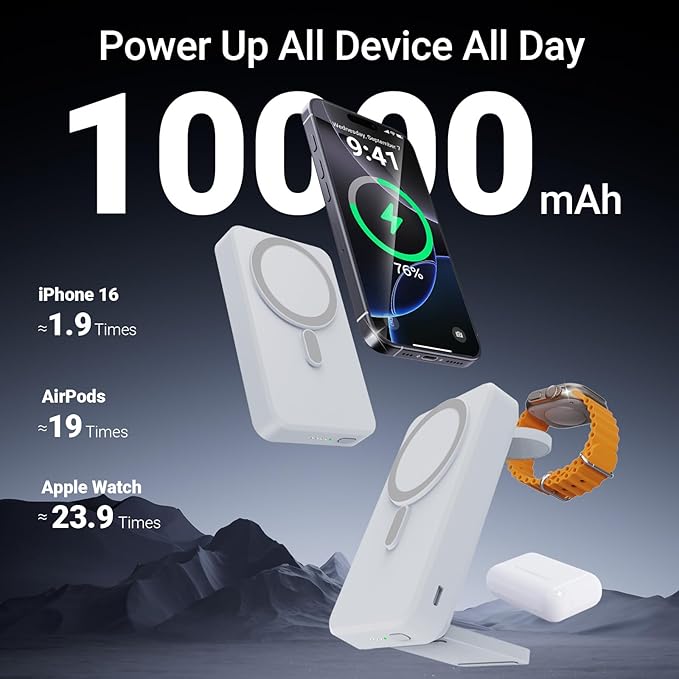 3-in-1 Portable Charger, 10000mAh Foldable Power Bank Fast Charging,MagSafe Charger Battery Pack Magnetic,Travel Wireless Charging Station for iPhone 16/15/14/13/12,iWatch, Air pods, White