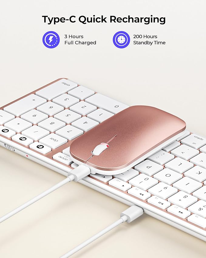 seenda Bluetooth Keyboard and Mouse for Mac, SKM64-2 Multi-Device Rechargeable Slim Wireless Keyboard Mouse Stainless Steel Full Size, Compatible with MacBook Pro/Air, iPad, Mac - White Rose Gold