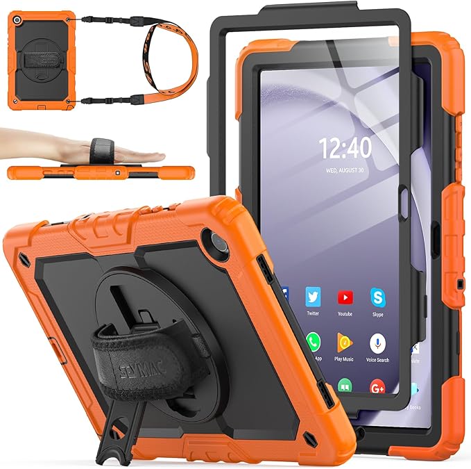 SEYMAC stock Case for Samsung Galaxy Tab A9+ Plus 11'', Full-Body Drop Protection Case with Screen Protector Pencil Holder [360° Rotating Hand Strap] &Stand, Orange+Black