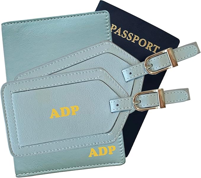 Personalized Monogrammed Chambray Leather RFID Passport Wallet and 2 Luggage Tags