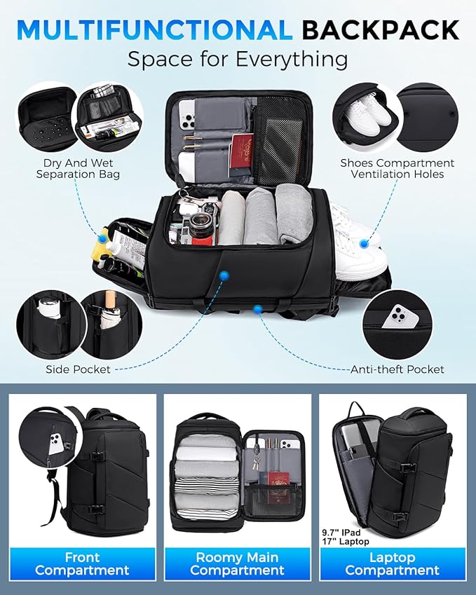 30L Travel Backpack for Men, Flight Approved Carry on Backpack Fits 17 inch Laptop, Water-resistant Large Luggage Weekender Bag Daypack for Traveling, Sports, Business, Black