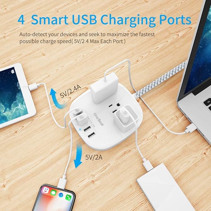 Desktop Power Strip with 3 Outlet 4 USB Ports 4.5A, Flat Plug and 10 ft Long Braided Extension Cords for Cruise Ship Travel Home Office, ETL Listed