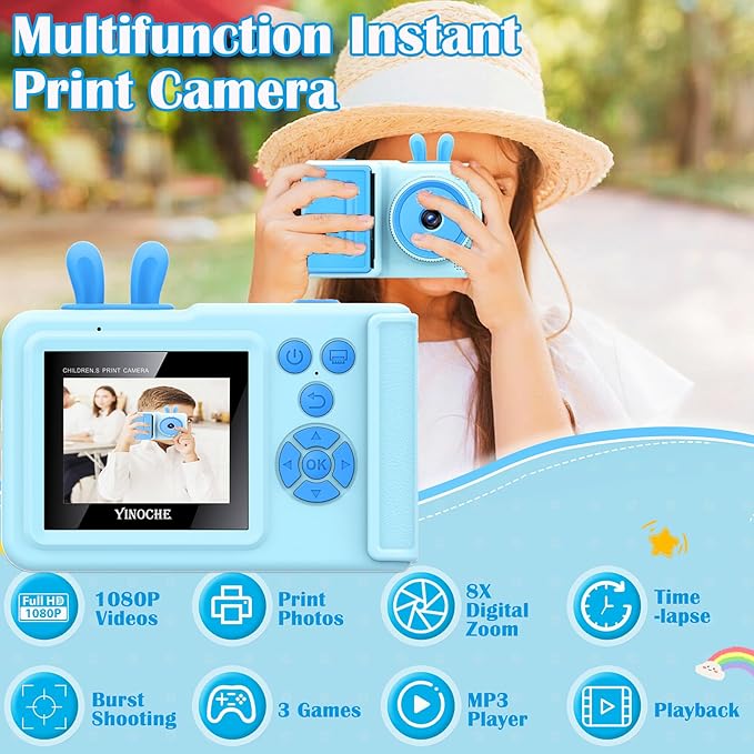 Kids Camera Instant Print Camera for Kids,1080P Children Instant Cameras Toddler Camera Toy, for Girl Age 3-12, Travel Kids Digital Camera Toys for 3 4 5 6 7 8 9 10 Year Old Boys (Blue)