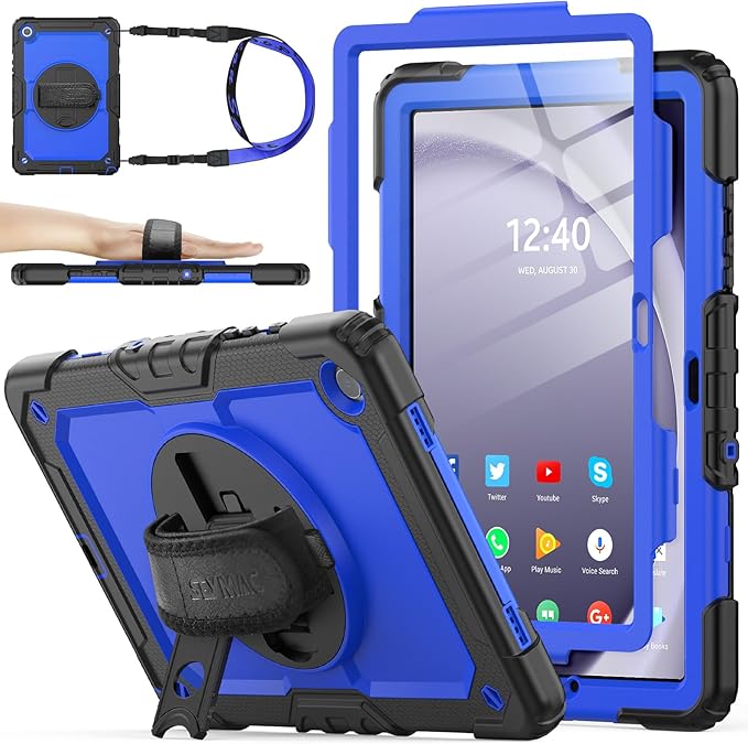 SEYMAC stock Case for Samsung Galaxy Tab A9+ Plus 11'', Full-Body Drop Protection Case with Screen Protector Pencil Holder [360° Rotating Hand Strap] &Stand, Blue+Black