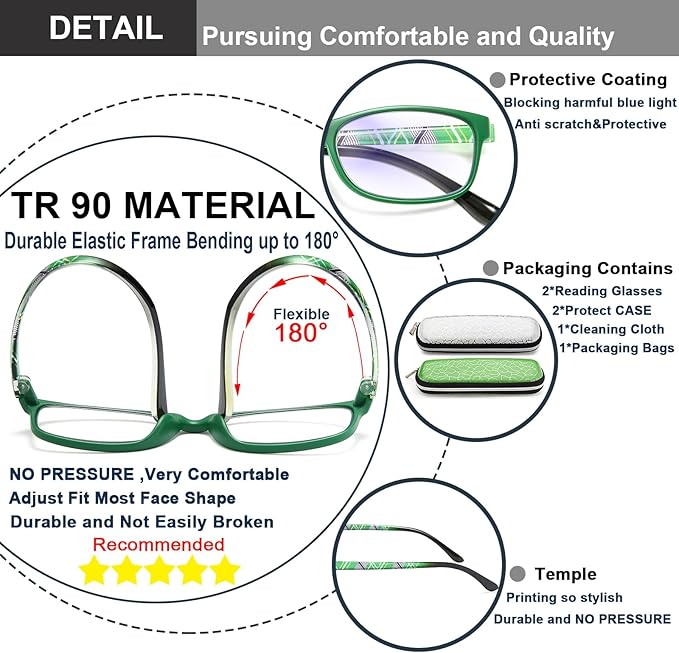 EYEURL Reading Glasses For Men Women - Blue Light Blocking Glasses Reduce Eyestrain - 2 Pack TR90 Frame Lightweight +3.0