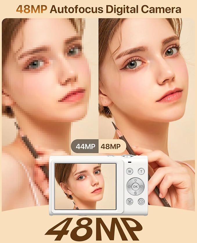 Digital Camera, 4K Vlogging Camera for YouTube Autofocus Cameras for Photography with 16X Digital Zoom, 48MP Compact Point and Shoot Digital Camera for Teens Adult with 32GB SD Card, 2 Batteries-White