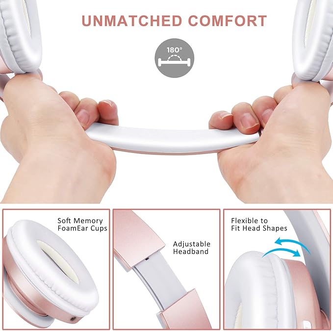 ZIHNIC Bluetooth Headphones Over-Ear, Foldable Wireless and Wired Stereo Headset Micro SD/TF, FM for Cell Phone,PC,Soft Earmuffs &Light Weight for Prolonged Wearing(Rose Gold)