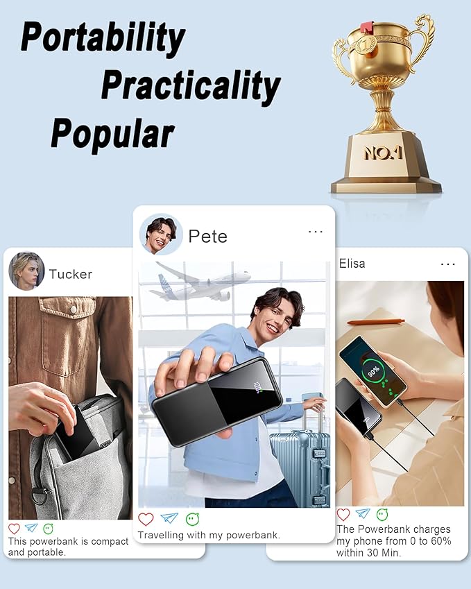 Portable Charger Power Bank, 10000mAh 22.5W Mini Portable Battery Fast Charging Battery Pack Travel Essentials, PD 3.0 QC 4.0 External Phone Powerbank for iPhone Android Samsung and USB/USB-C Devices