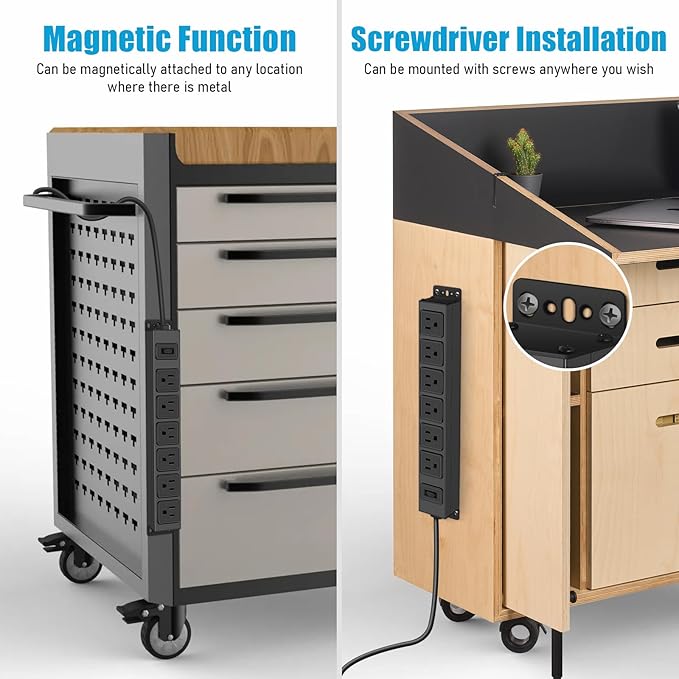 Magnetic Wall Mount Power Strip, Under Desk 6 Outlet Mountable Socket, Metal Long Heavy Duty Surge Protector for Garage, Gaming Table Or Workspace, 15FT Extension Cord.