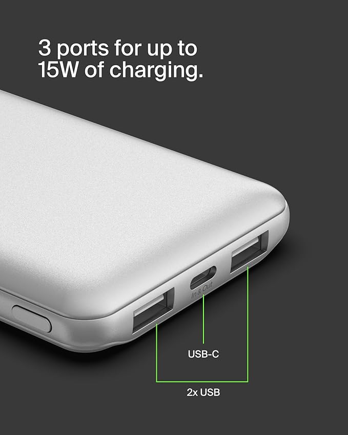 Belkin Portable Charger, USB-C Power Bank 10000 mAh w/ 1xUSB-C Port & 2xUSB-A Ports, 15W w/Type-C to Type-A Cable for iPhone 17, Samsung Galaxy S25, Nintendo Switch 2, Google Pixel 10, etc. - Silver