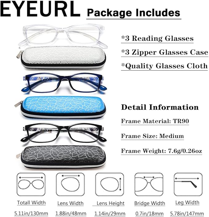 EYEURL Reading Glasses for Women-Blue Light Blocking For Men Women-3 Pack Computer Readers 2.75 Spring Hinge Anti UV Ray/Eye Strain/Glare Eyeglasses