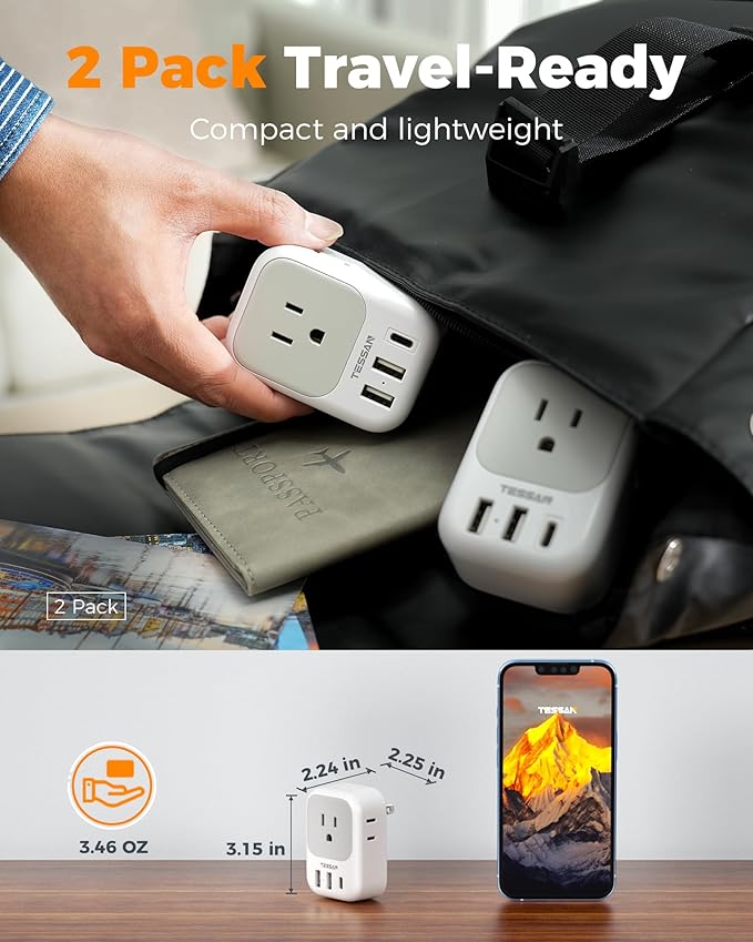 US to Japan Plug Adapter 2 Pack, TESSAN 2 Prong to 3 Prong Outlet Adapter with 4 Outlets 3 USB (1 USB-C), Outlet Adaptor US to Japan China Mexico Philippines Canada Peru Thailand Vietnam