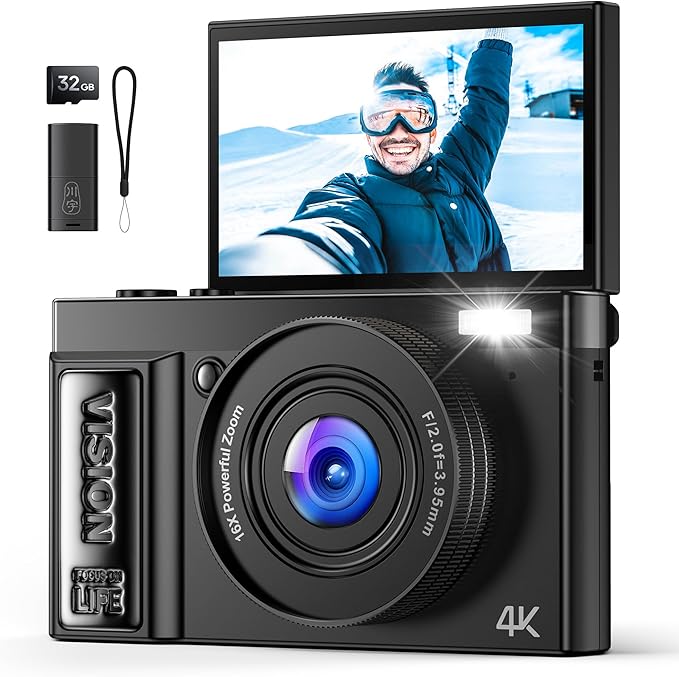 Digital Camera 4K for Photography Vlogging: 64MP Cameras for Video - 16X Zoom Photo Camera Gifts for Teens Ages 8-18 - 180°Flip Screen Compact Cámara - Point and Shoot Digital Cameras for YouTube