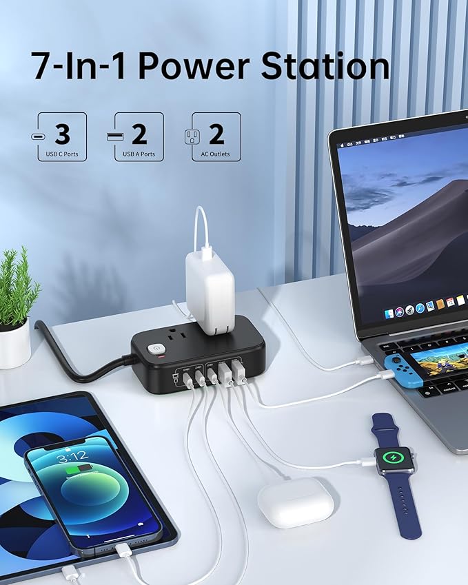 USB C Charging Station 190W,Surge Protection Power Strip Max 65W, 6FT Flat Extension Cord Desktop USB Charging Hub for Multiple Devices (Pearl Black, 65w)