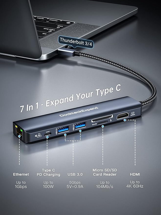 USB C Hub Multiport Adapter, DockteckExpand 7-in-1 Type C Hub with 4K 60Hz HDMI,1Gbps Ethernet,100W PD,2 USB 3.0 Ports,SD/TF Card Slots for MacBook Pro, MacBook Air, iPad Pro, Surface, Steam Deck