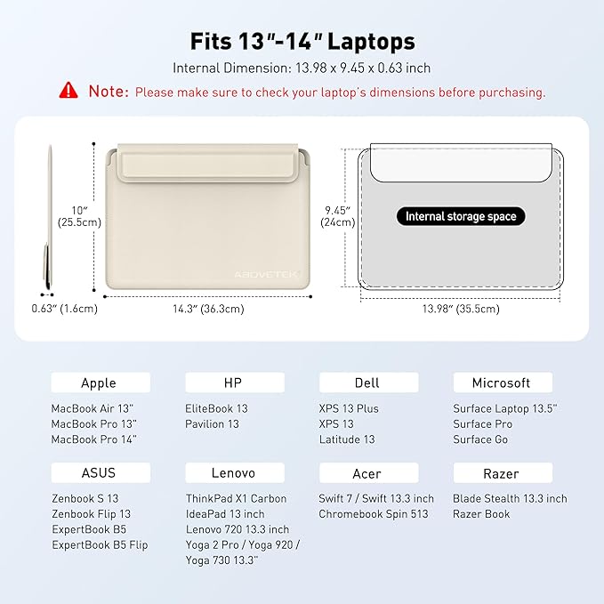 AboveTEK Laptop Sleeve Case for 13-14 inch MacBook Air/Pro, Slim Laptop Case with Stand, Ergonomic Wrist Rest & Mouse Pad, Waterproof Anti-Scratch Leather Bag for 13-14 Surface HP (Beige)